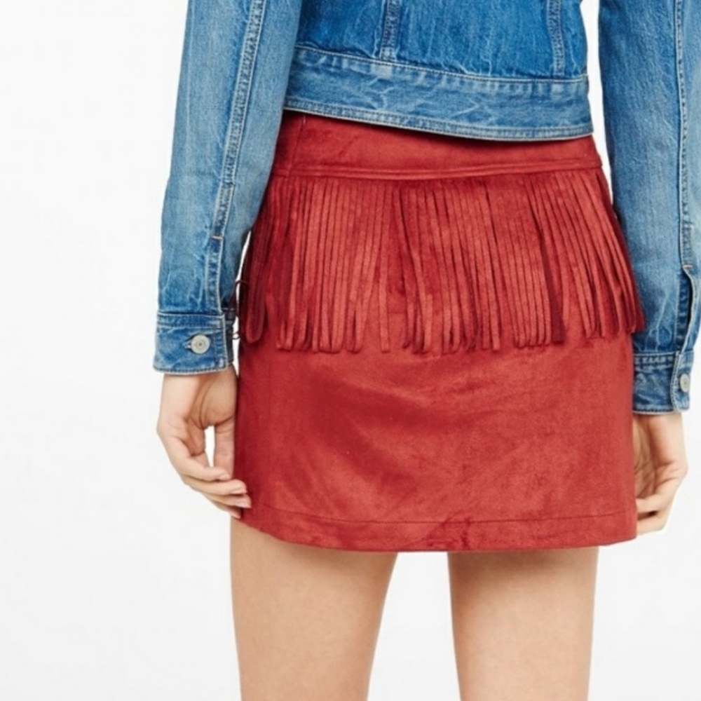 Express Rust Microsuede Boho, Western Fringed Side Zip Mini Skirt - Picture 5 of 8